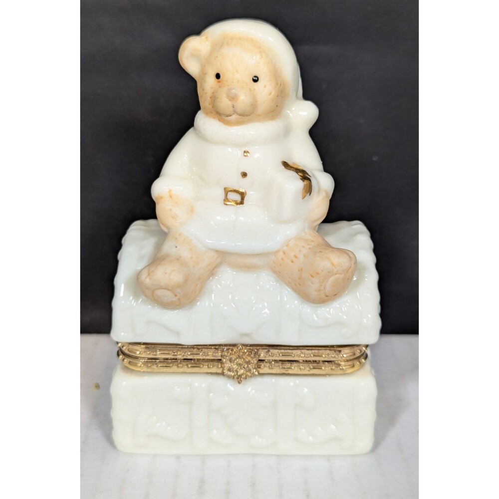 Vintage Baum Bros Formalities Christmas Bear Trinket Box Cream Gold Hinged Gift
